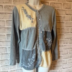 Dress Barn Floral Patchwork Cardigan - Gray and Cream